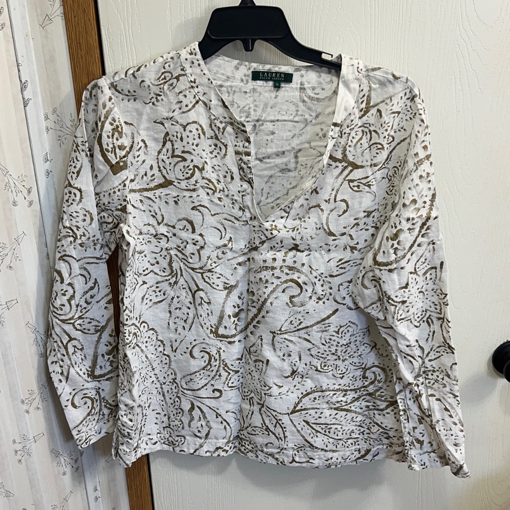 Ralph Lauren White and Brown Patterned Blouse